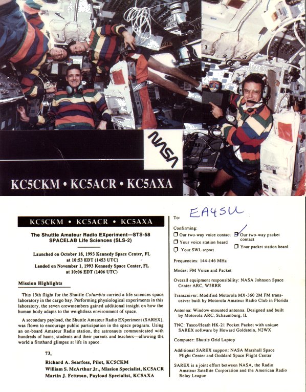 QSL confirmando comunicado realizado con la Shuttle Columbia, en la banda de VHF, durante la misión  STS-58. Oct-1993